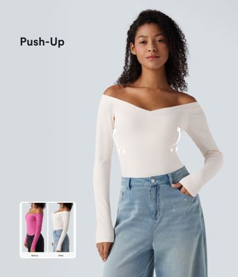 Ribbed Knit Off Shoulder Push-Up Long Sleeve Casual Top A/B Cup