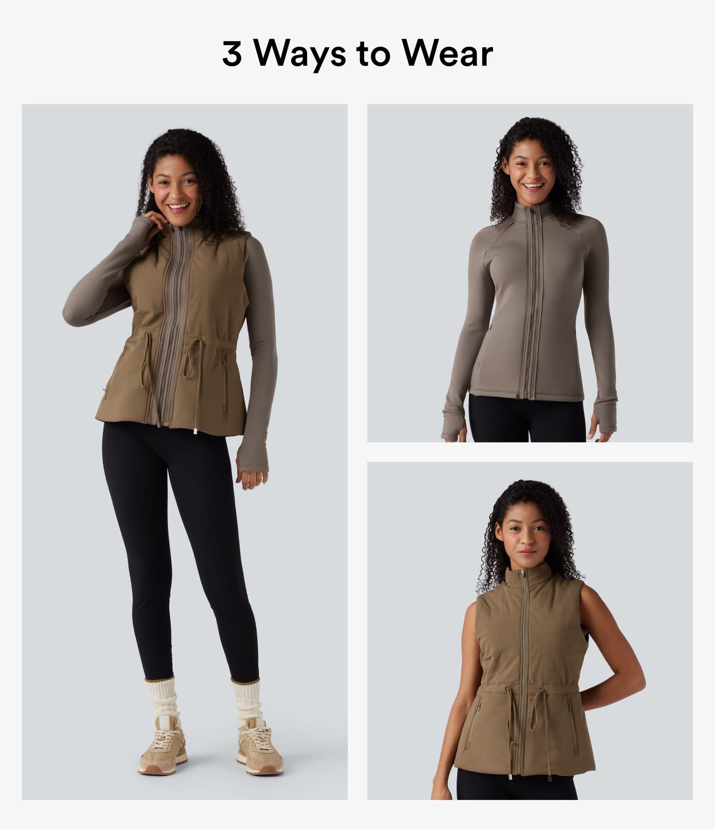 3-in-1 High-Neck Long Sleeve Thumb Holes Fleece Jacket &Quilted Vest with Pockets