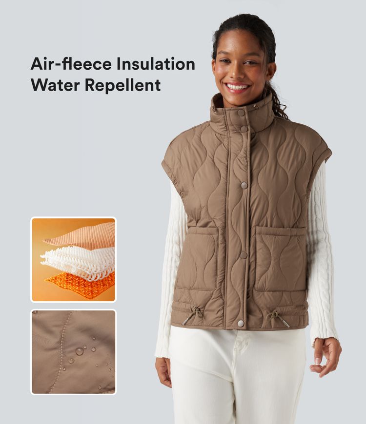 Durable Water Repellent High Neck Drawstring Hem Casual Quilted Synthetic Down Vest with Pockets