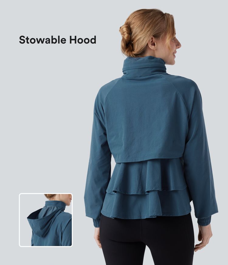 Stowable Hood Drawstring Contrast Mesh Ruffle Hem Workout Jacket with Pocket