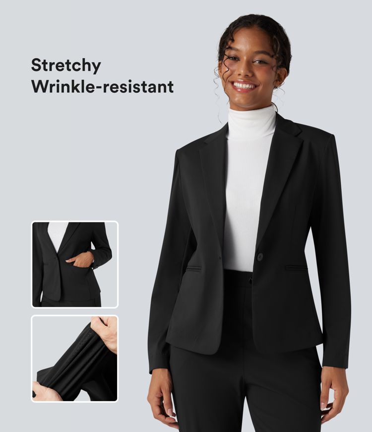 Wrinkle-resistant Notched Collar Long Sleeve Slim Work Blazer with Pockets