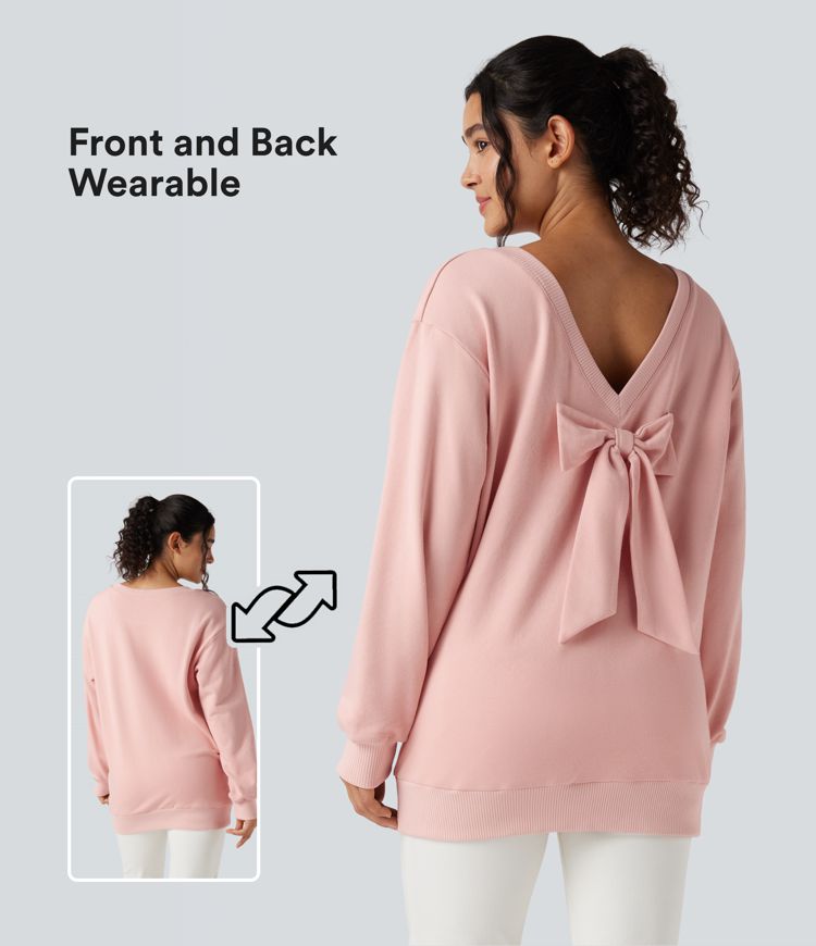 Bow Back Long Sleeve Oversized Casual Cotton Sweatshirt-Front and Back Wearable