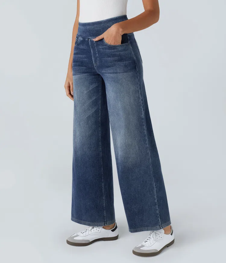 Halara Flex™ High Waisted Pockets Baggy Wide Leg Washed Casual Jeans
