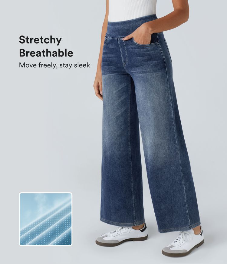 Halara Flex™ High Waisted Pockets Baggy Wide Leg Washed Casual Jeans