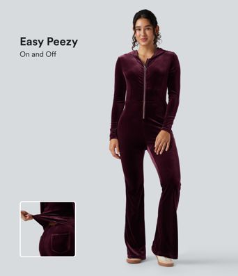 Hooded Long Sleeve Zipper Velvet Casual Flare Jumpsuit with Pockets-Easy Peezy Edition