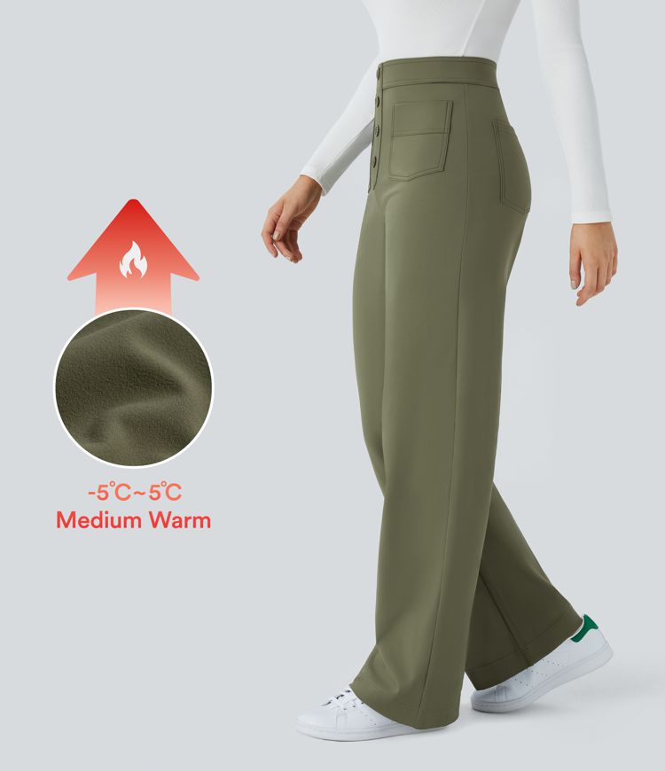 Softlyzero™ Plush Thermal High Waisted Button Multiple Pockets Straight Leg Casual Trousers