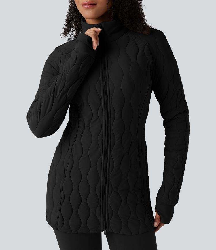 PuffFlex High Neck Long Sleeve Thumb Hole Zipper Workout Quilted Jacket with Pockets