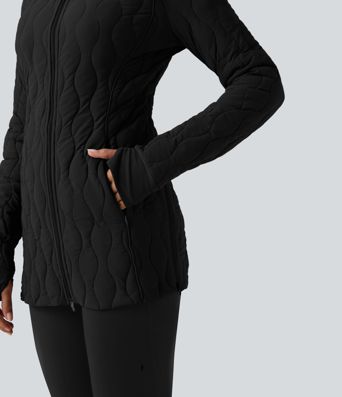 PuffFlex High Neck Long Sleeve Thumb Hole Zipper Workout Quilted Jacket with Pockets