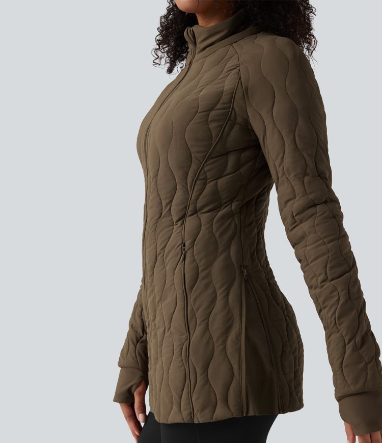 High Neck Long Sleeve Thumb Hole Zipper Workout Quilted Jacket with Pockets