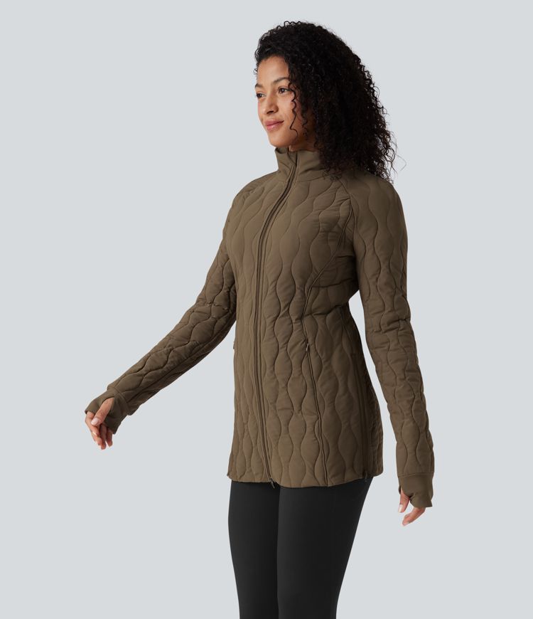 High Neck Long Sleeve Thumb Hole Zipper Workout Quilted Jacket with Pockets
