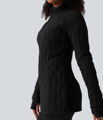 PuffFlex High Neck Long Sleeve Thumb Hole Zipper Workout Quilted Jacket with Pockets
