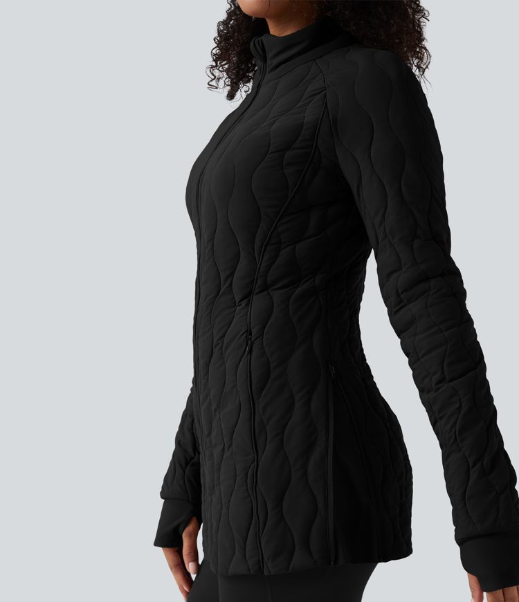 PuffFlex High Neck Long Sleeve Thumb Hole Zipper Workout Quilted Jacket with Pockets