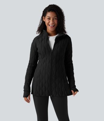 PuffFlex High Neck Long Sleeve Thumb Hole Zipper Workout Quilted Jacket with Pockets