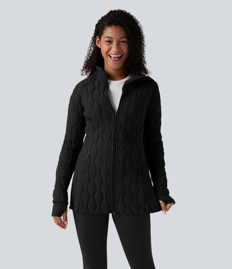 PuffFlex High Neck Long Sleeve Thumb Hole Zipper Workout Quilted Jacket with Pockets