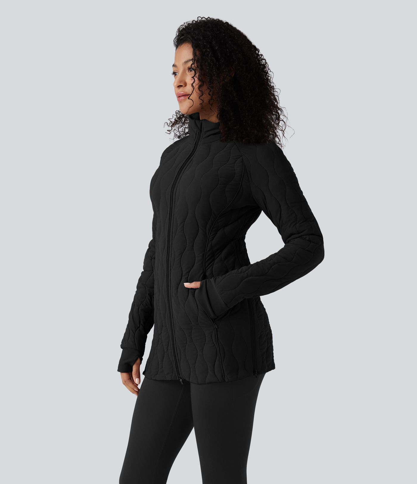 PuffFlex High Neck Long Sleeve Thumb Hole Zipper Workout Quilted Jacket with Pockets