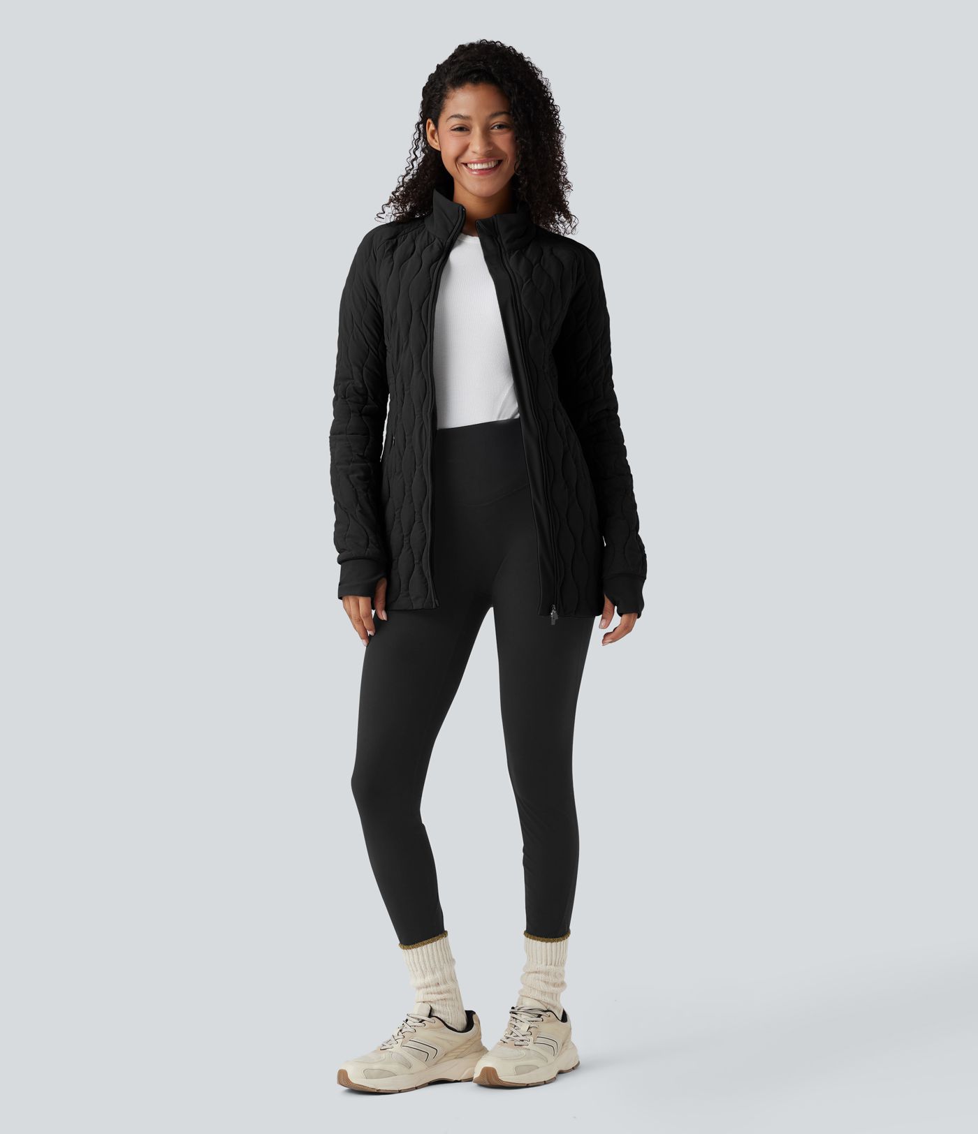 PuffFlex High Neck Long Sleeve Thumb Hole Zipper Workout Quilted Jacket with Pockets