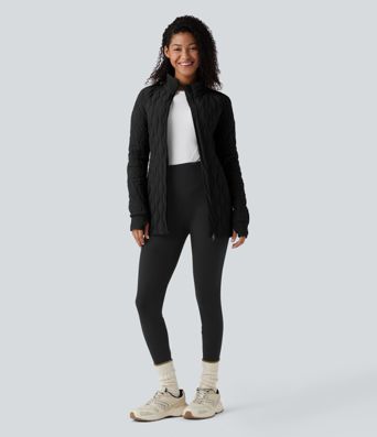 PuffFlex High Neck Long Sleeve Thumb Hole Zipper Workout Quilted Jacket with Pockets