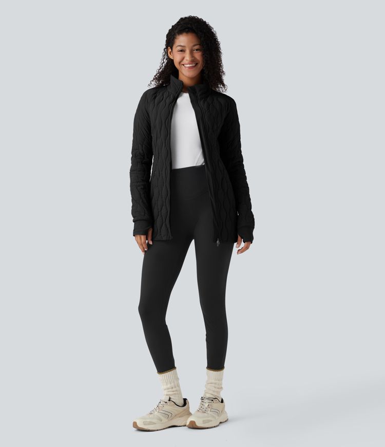 PuffFlex High Neck Long Sleeve Thumb Hole Zipper Workout Quilted Jacket with Pockets