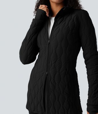 PuffFlex High Neck Long Sleeve Thumb Hole Zipper Workout Quilted Jacket with Pockets
