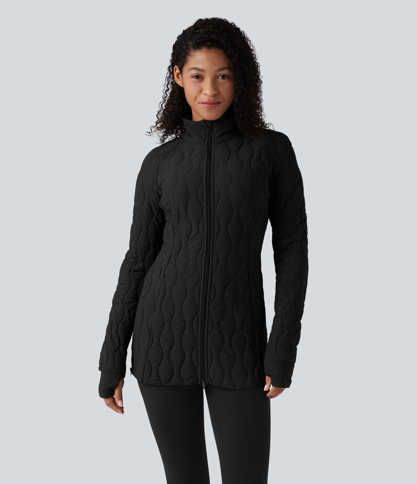 PuffFlex High Neck Long Sleeve Thumb Hole Zipper Workout Quilted Jacket with Pockets