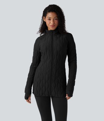 PuffFlex High Neck Long Sleeve Thumb Hole Zipper Workout Quilted Jacket with Pockets