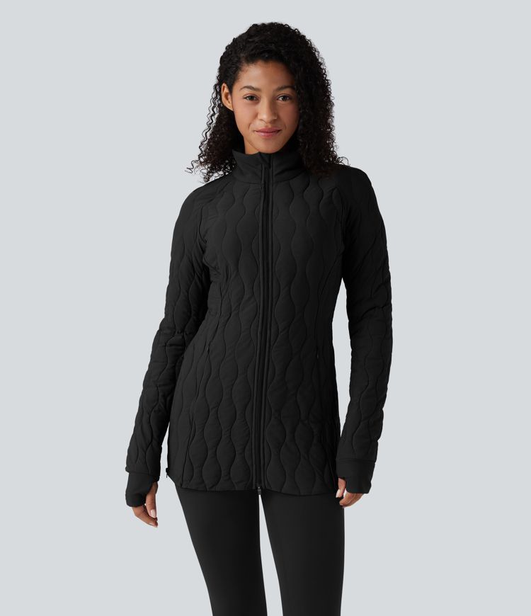PuffFlex High Neck Long Sleeve Thumb Hole Zipper Workout Quilted Jacket with Pockets