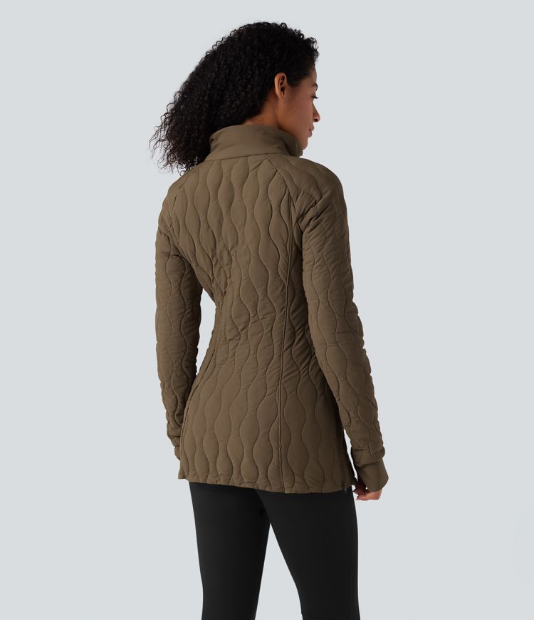 High Neck Long Sleeve Thumb Hole Zipper Workout Quilted Jacket with Pockets