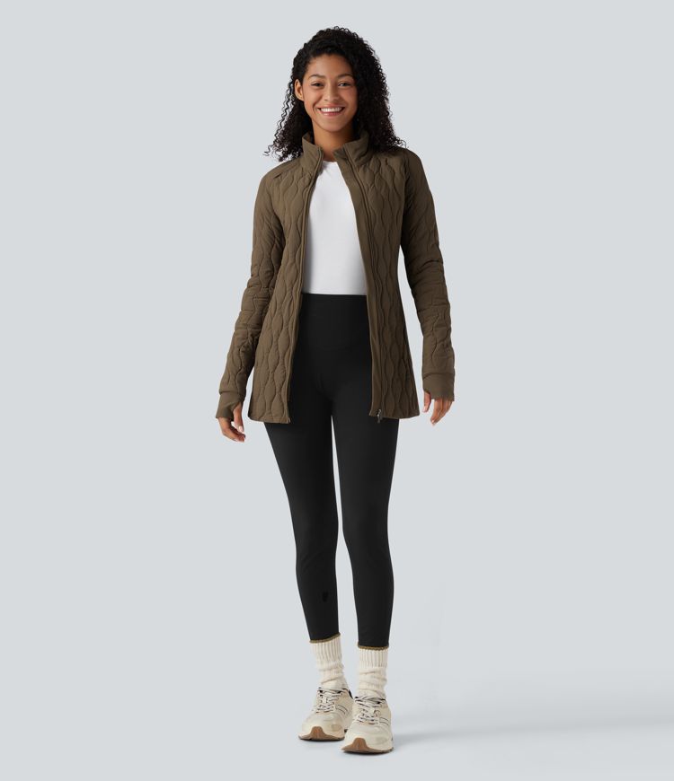 High Neck Long Sleeve Thumb Hole Zipper Workout Quilted Jacket with Pockets