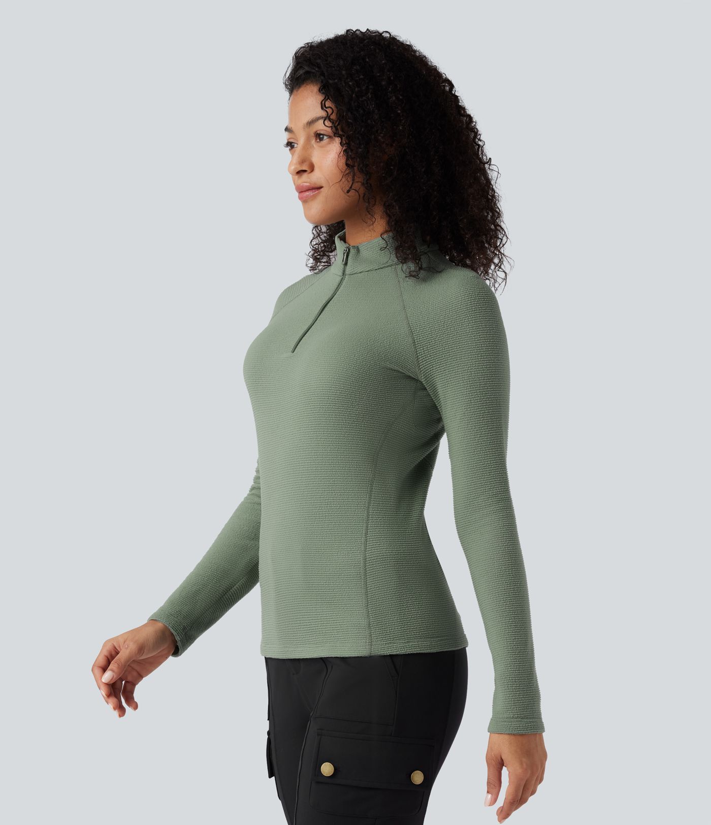 Packable Half Zip Long Sleeve Fleece Casual Sports Top with Pocket