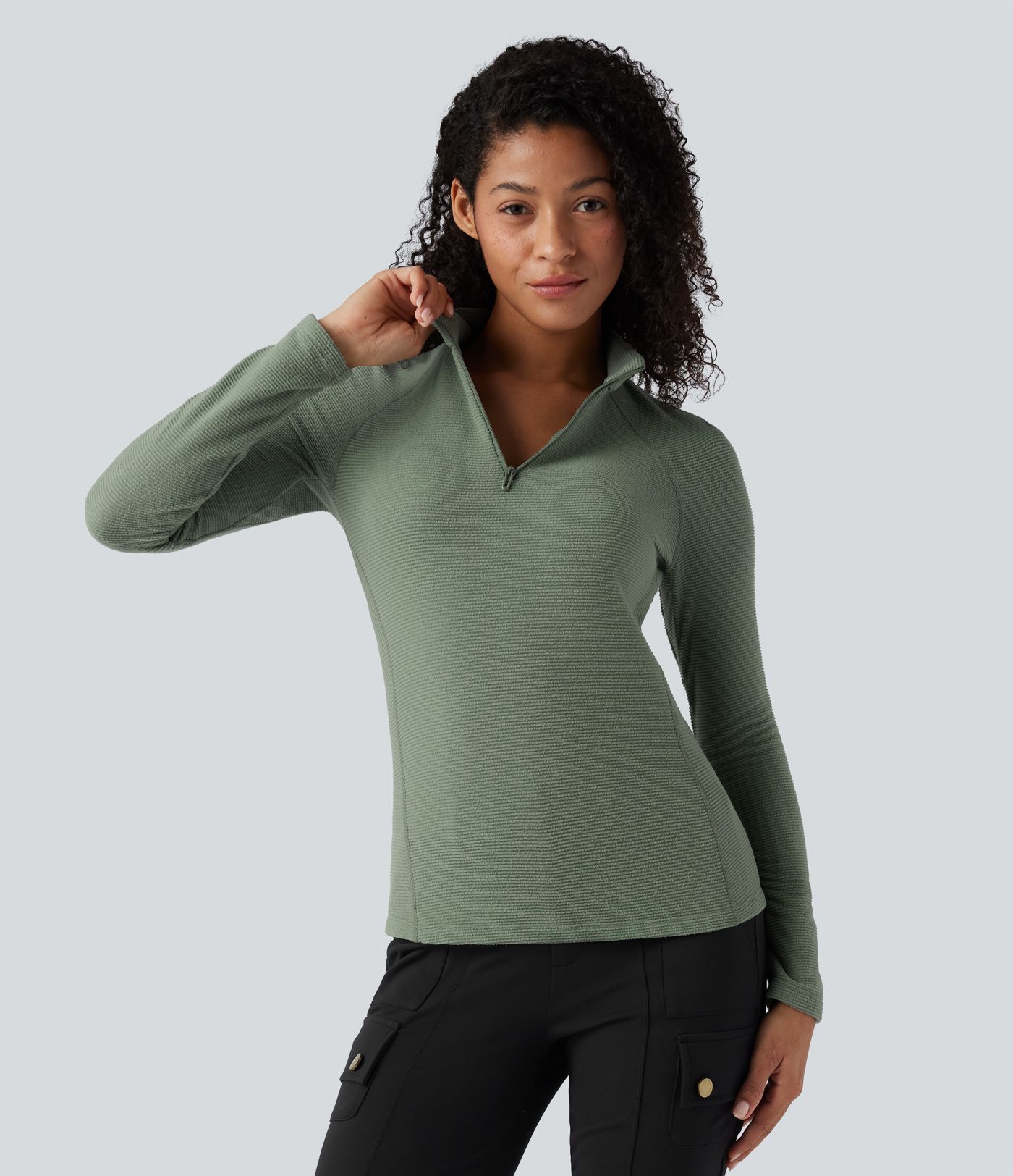 Packable Half Zip Long Sleeve Fleece Casual Sports Top with Pocket