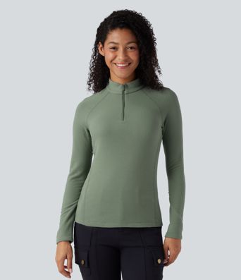 Packbares, langärmeliges Fleece-Sporttop mit Halbreißverschluss und Tasche Packbares, langärmeliges Fleece-Sporttop mit Halbreißverschluss und Tasche