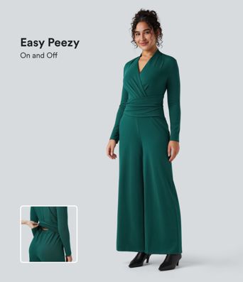 V-neck Zipper Long Sleeve Work Jumpsuit with Pockets-Easy Peezy