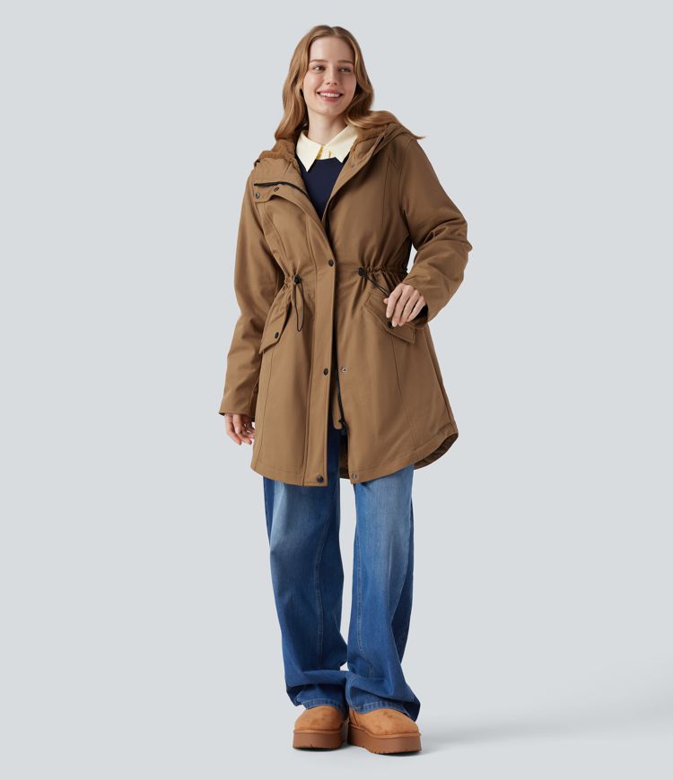 Hooded Drawstring Fleece Casual Parka Sherpa Jacket with Pockets