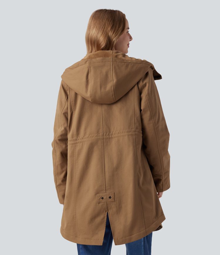 Hooded Drawstring Fleece Casual Parka Sherpa Jacket with Pockets