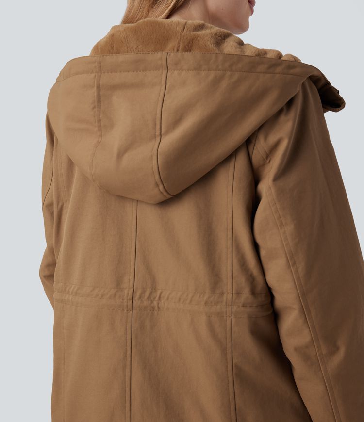 Hooded Drawstring Fleece Casual Parka Sherpa Jacket with Pockets