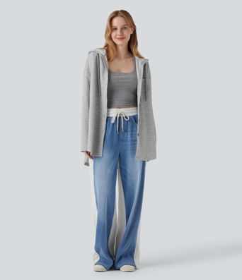 Hooded Drawstring Long Sleeve Curved Hem Casual Sweatshirt with Pocket