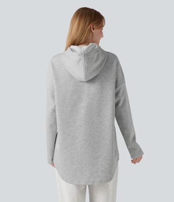 Hooded Drawstring Long Sleeve Curved Hem Casual Sweatshirt with Pocket
