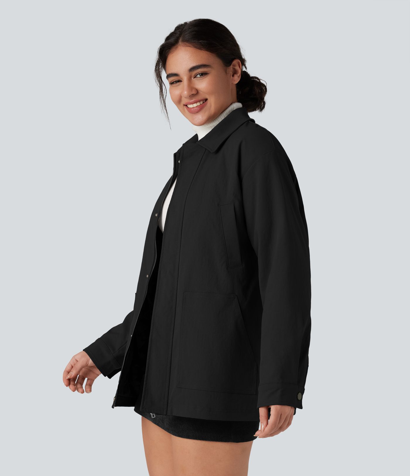 Zipper Long Sleeve Casual Shacket Padded Jacket with Pockets