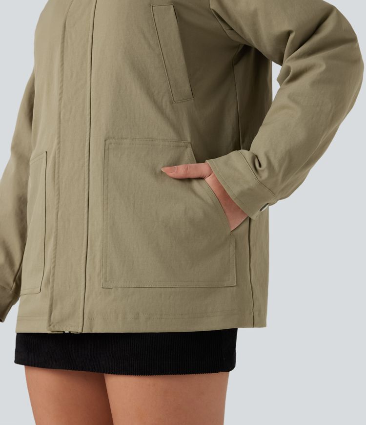 Zipper Long Sleeve Casual Shacket Padded Jacket with Pockets