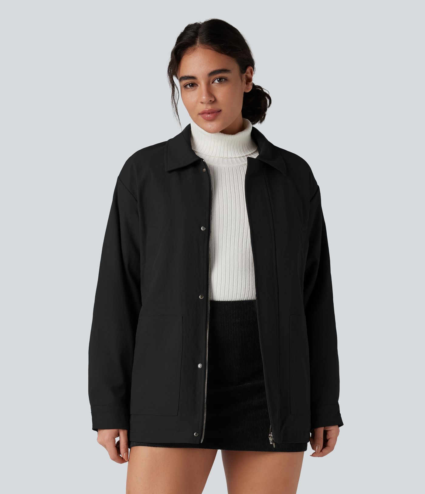 Zipper Long Sleeve Casual Shacket Padded Jacket with Pockets