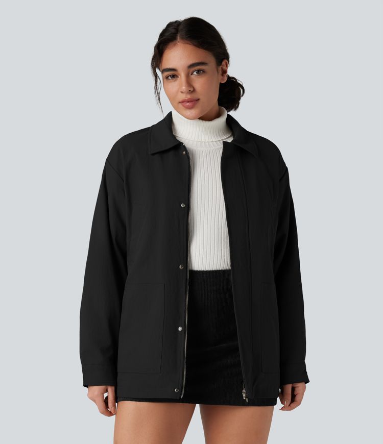 Zipper Long Sleeve Casual Shacket Padded Jacket with Pockets