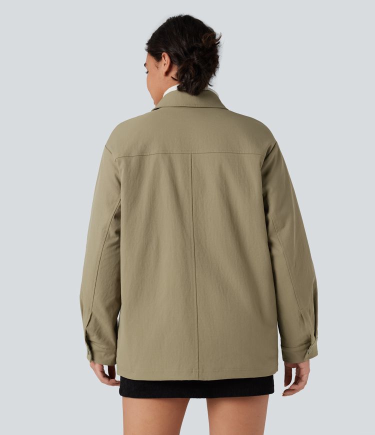 Zipper Long Sleeve Casual Shacket Padded Jacket with Pockets