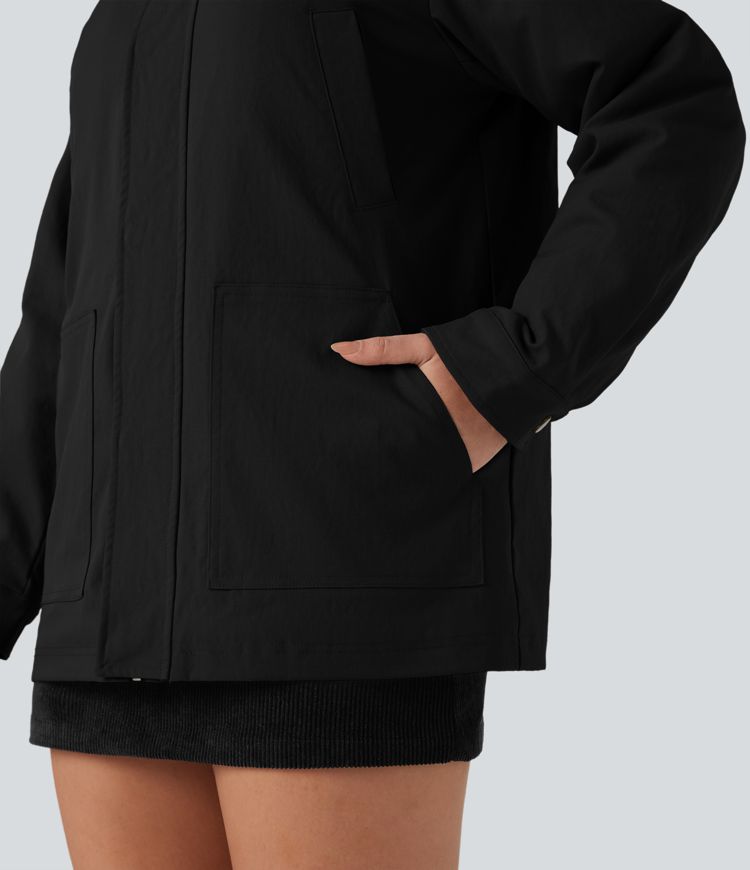 Zipper Long Sleeve Casual Shacket Padded Jacket with Pockets