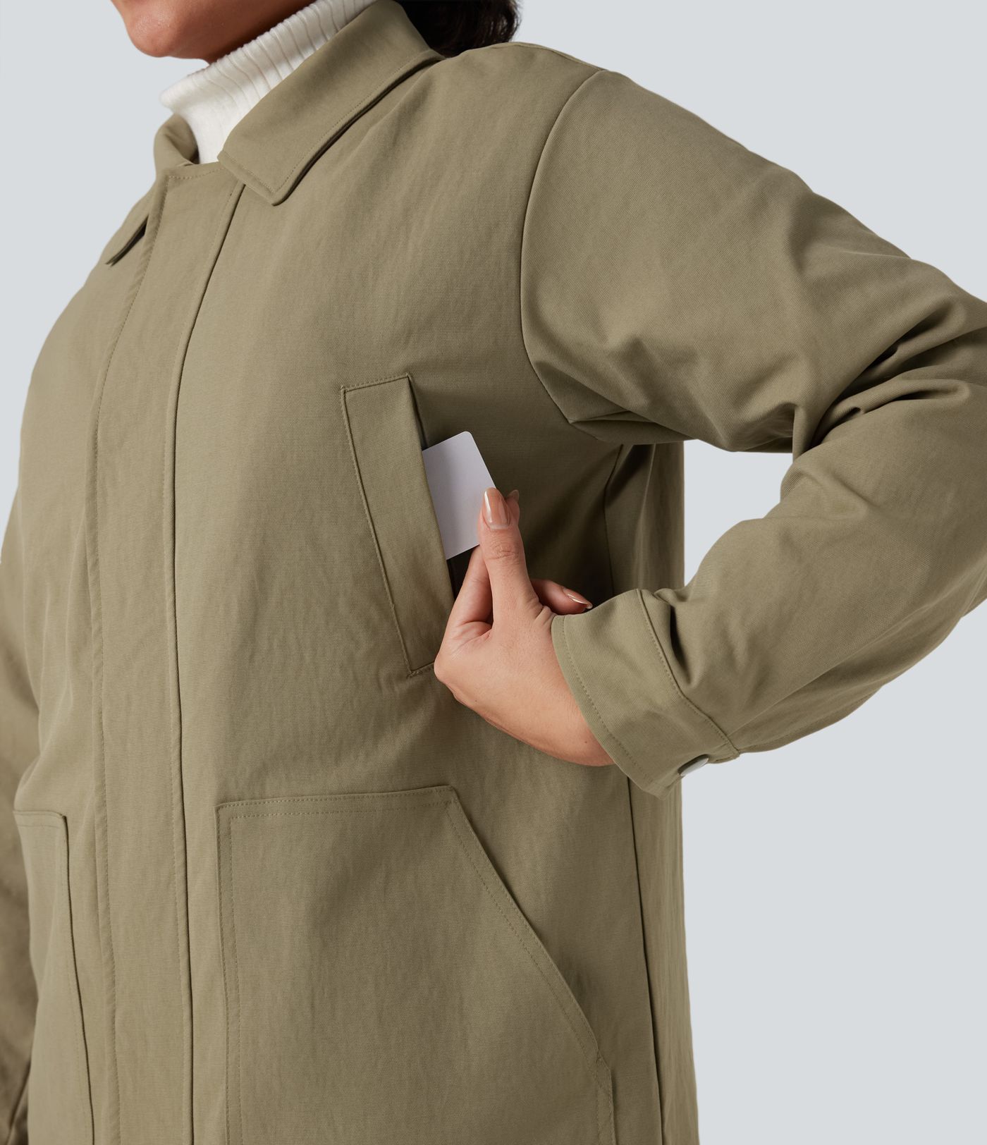 Zipper Long Sleeve Casual Shacket Padded Jacket with Pockets