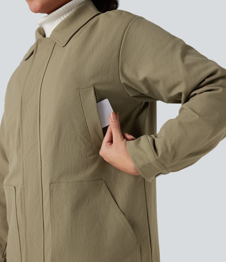 Zipper Long Sleeve Casual Shacket Padded Jacket with Pockets