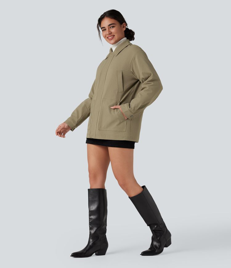 Zipper Long Sleeve Casual Shacket Padded Jacket with Pockets