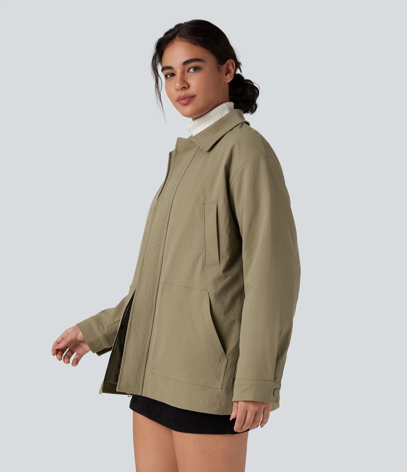 Zipper Long Sleeve Casual Shacket Padded Jacket with Pockets