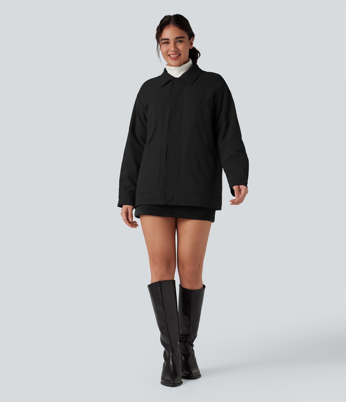 Zipper Long Sleeve Casual Shacket Padded Jacket with Pockets