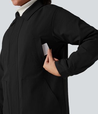 Zipper Long Sleeve Casual Shacket Padded Jacket with Pockets