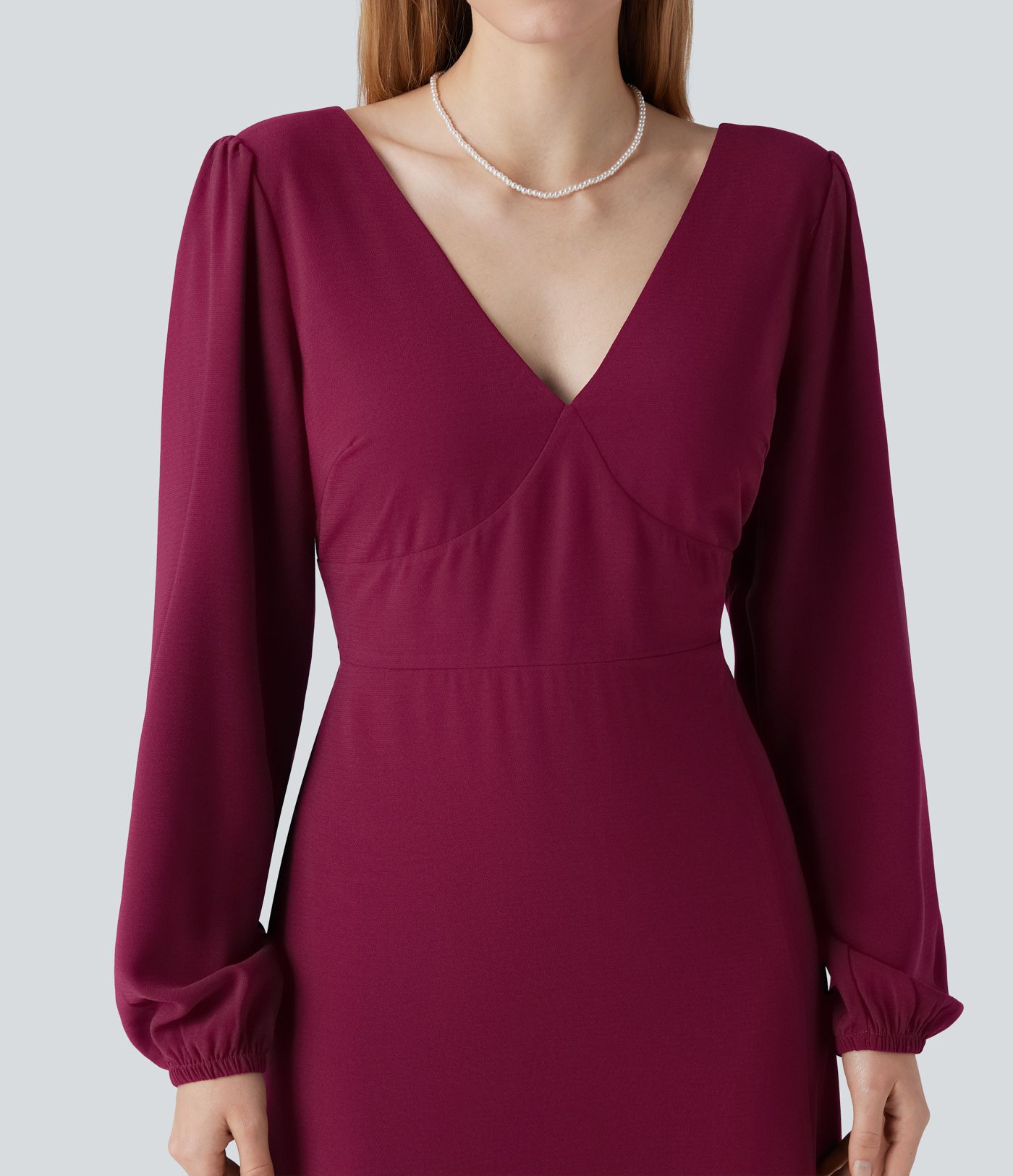 Robe longue col V manches évêque avec dos noué et fente pour demoiselle d'honneur et invitée de mariage